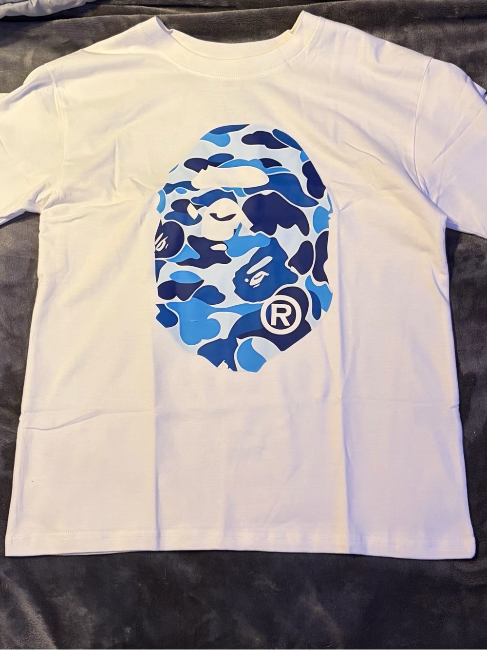Bape White Tee with Blue Camo Ape Head Graphic